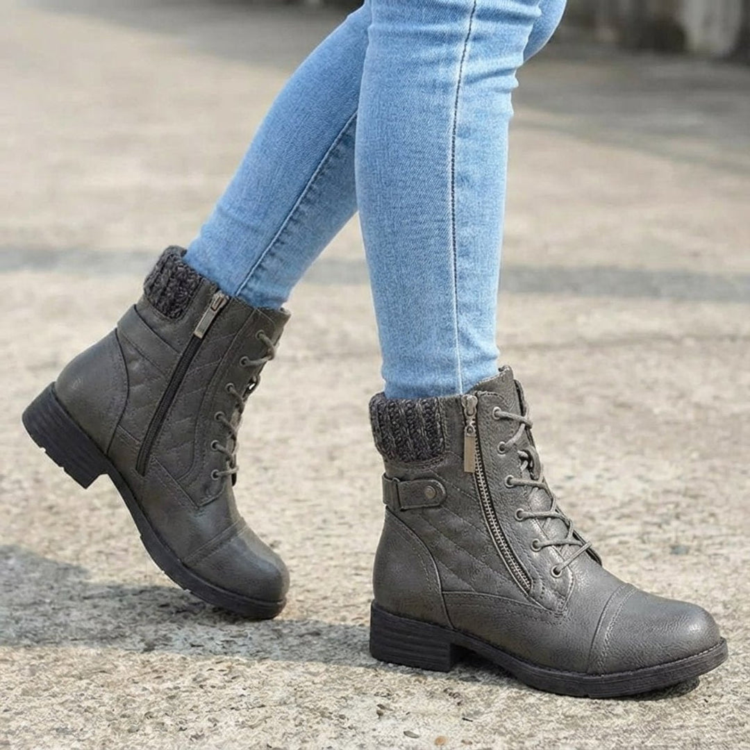Damen Stiefeletten Kunstleder Schnürung Blockabsatz Winterboots