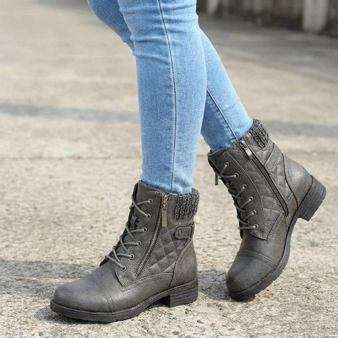 Damen Stiefeletten Kunstleder Schnürung Blockabsatz Winterboots