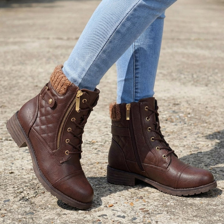 Damen Stiefeletten Kunstleder Schnürung Blockabsatz Winterboots