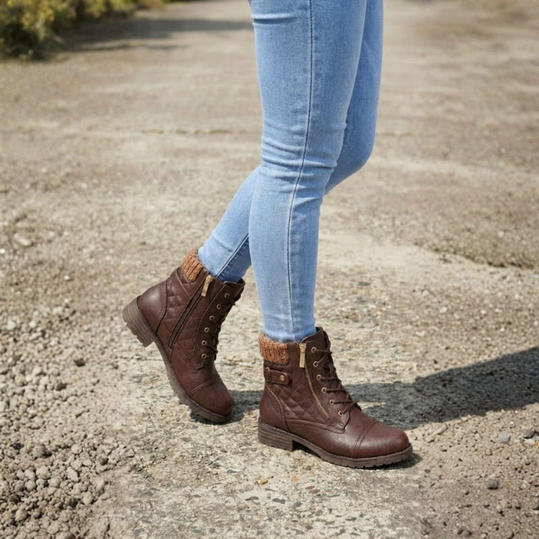 Damen Stiefeletten Kunstleder Schnürung Blockabsatz Winterboots