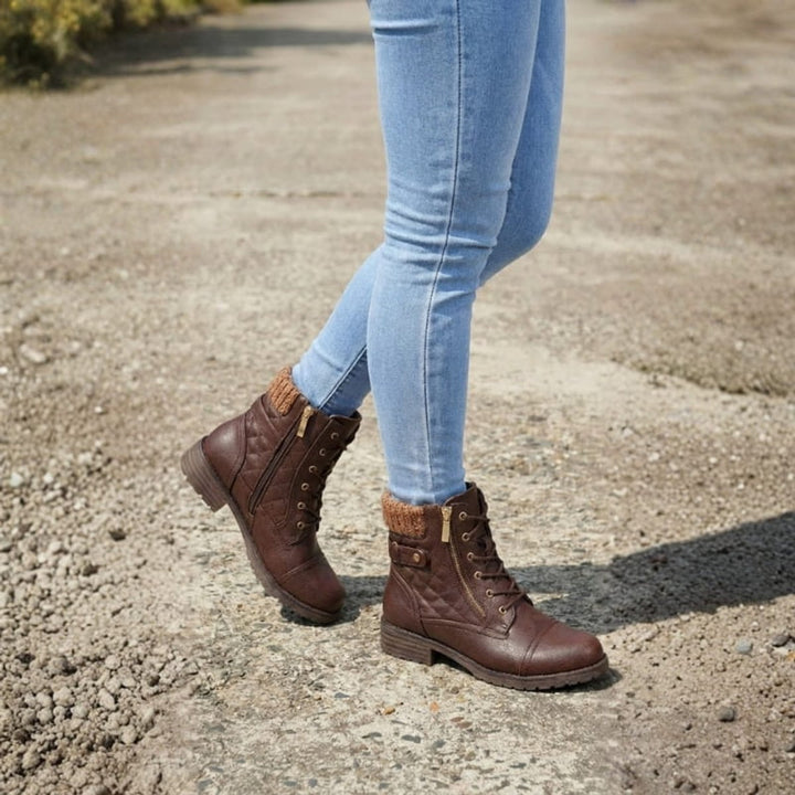 Damen Stiefeletten Kunstleder Schnürung Blockabsatz Winterboots