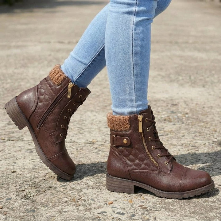 Damen Stiefeletten Kunstleder Schnürung Blockabsatz Winterboots