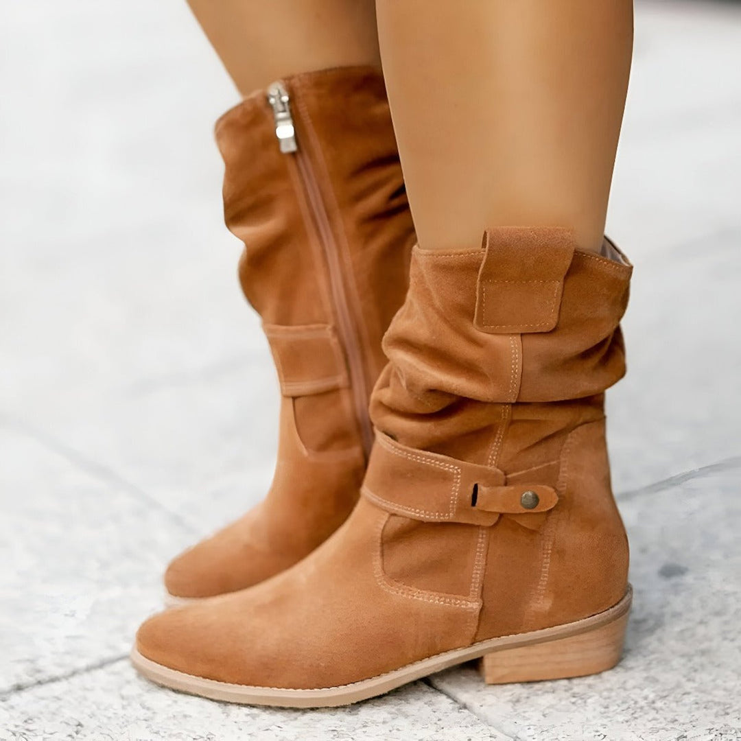 Damen Stiefel Kniehohe Wildlederoptik Blockabsatz Winterstiefel