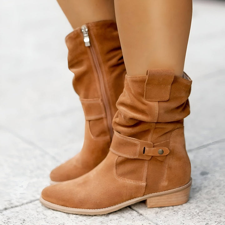 Damen Stiefel Kniehohe Wildlederoptik Blockabsatz Winterstiefel