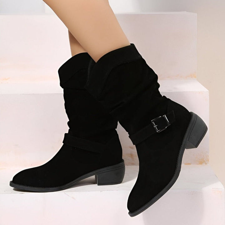 Damen Stiefel Kniehohe Wildlederoptik Blockabsatz Winterstiefel