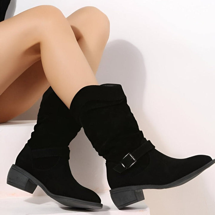 Damen Stiefel Kniehohe Wildlederoptik Blockabsatz Winterstiefel