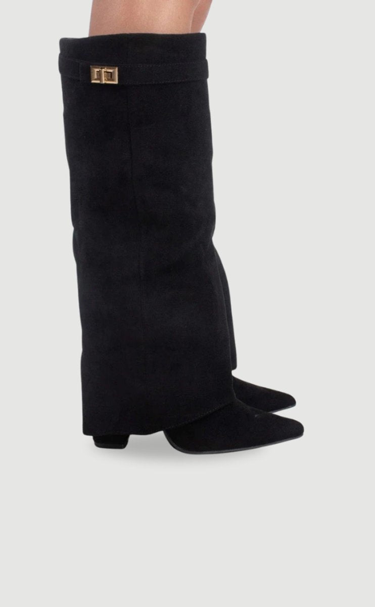Damen Wildlederstiefel Kniehoch Umschlagschaft Blockabsatz Stiefel