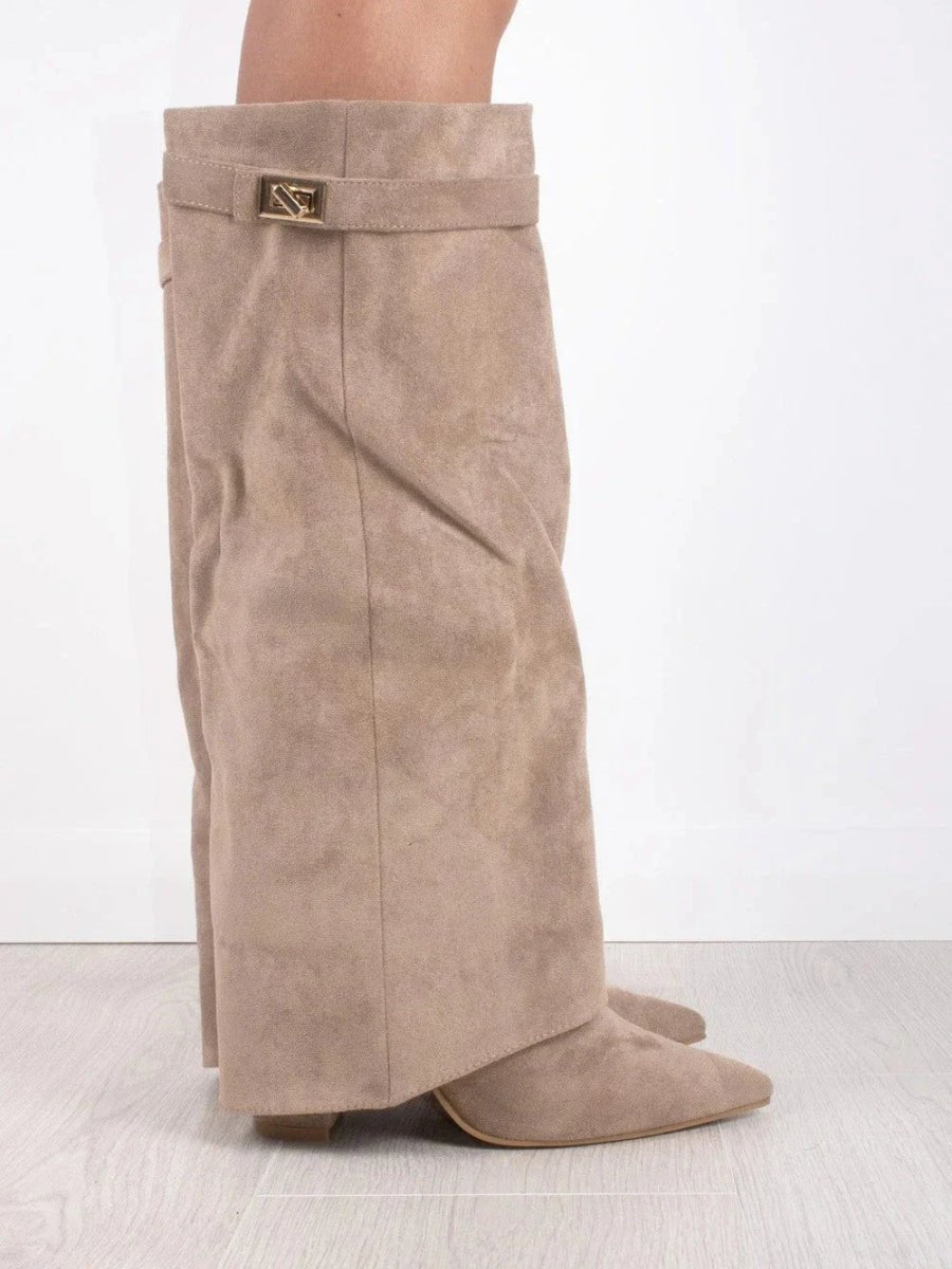 Damen Wildlederstiefel Kniehoch Umschlagschaft Blockabsatz Stiefel