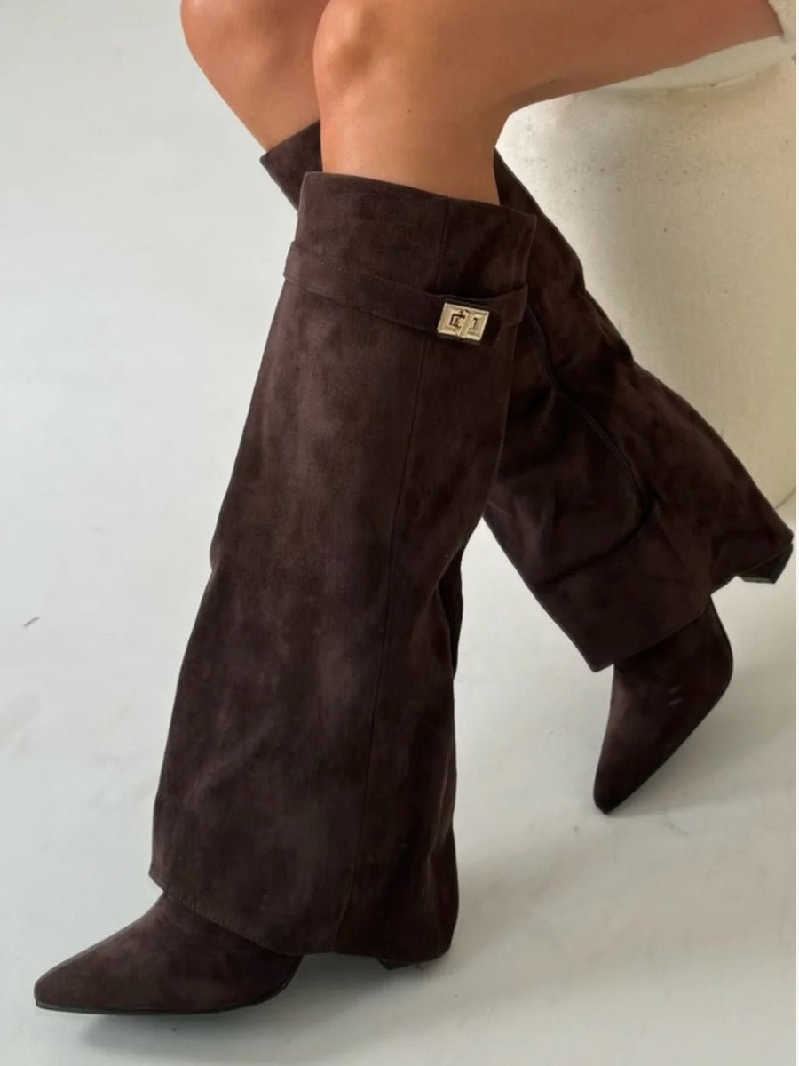 Damen Wildlederstiefel Kniehoch Umschlagschaft Blockabsatz Stiefel
