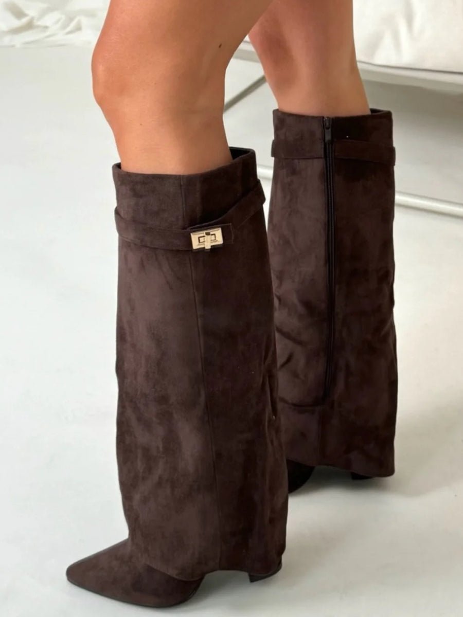 Damen Wildlederstiefel Kniehoch Umschlagschaft Blockabsatz Stiefel