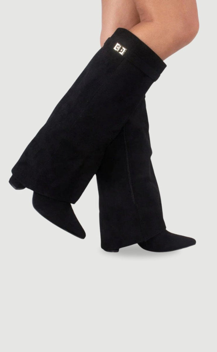 Damen Wildlederstiefel Kniehoch Umschlagschaft Blockabsatz Stiefel