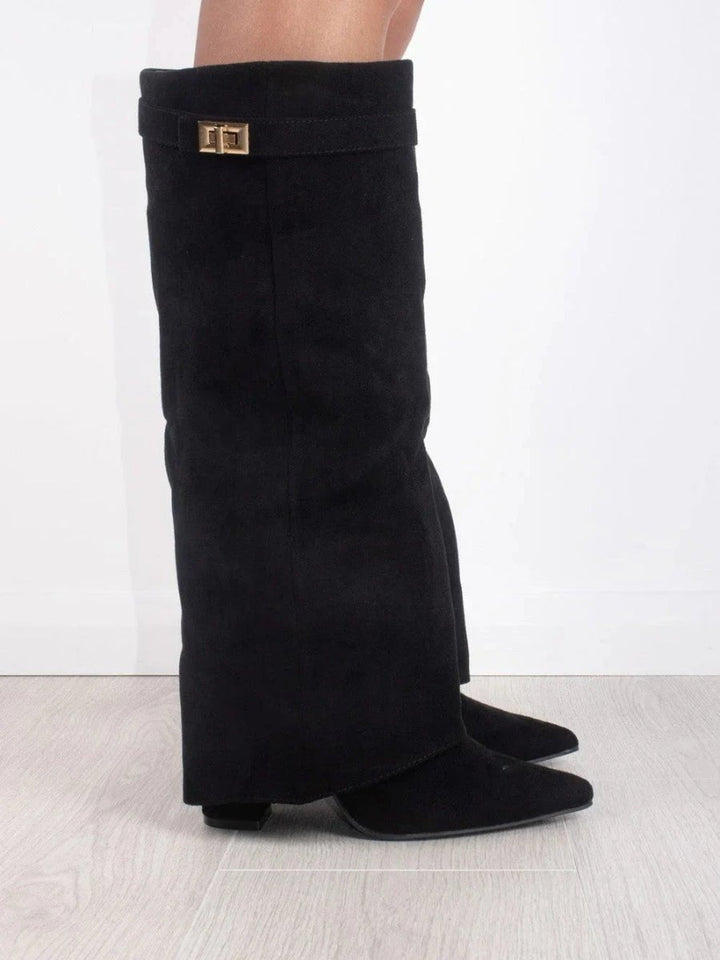 Damen Wildlederstiefel Kniehoch Umschlagschaft Blockabsatz Stiefel