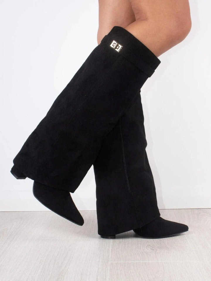 Damen Wildlederstiefel Kniehoch Umschlagschaft Blockabsatz Stiefel