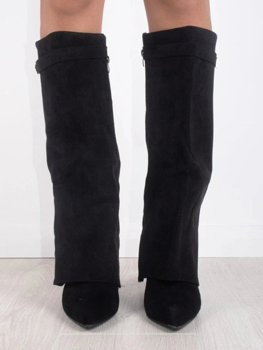 Damen Wildlederstiefel Kniehoch Umschlagschaft Blockabsatz Stiefel