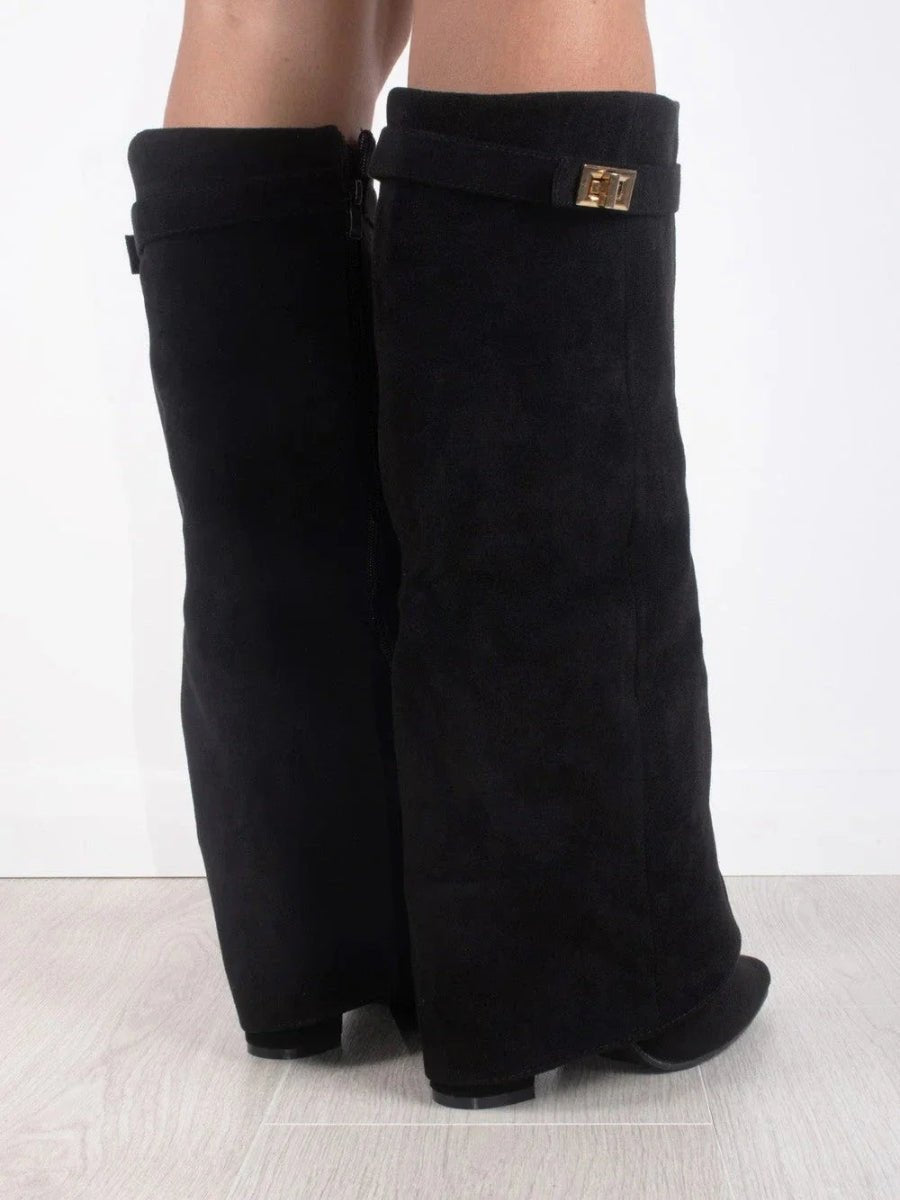 Damen Wildlederstiefel Kniehoch Umschlagschaft Blockabsatz Stiefel