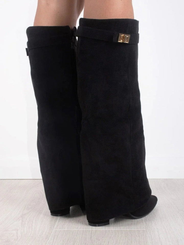 Damen Wildlederstiefel Kniehoch Umschlagschaft Blockabsatz Stiefel