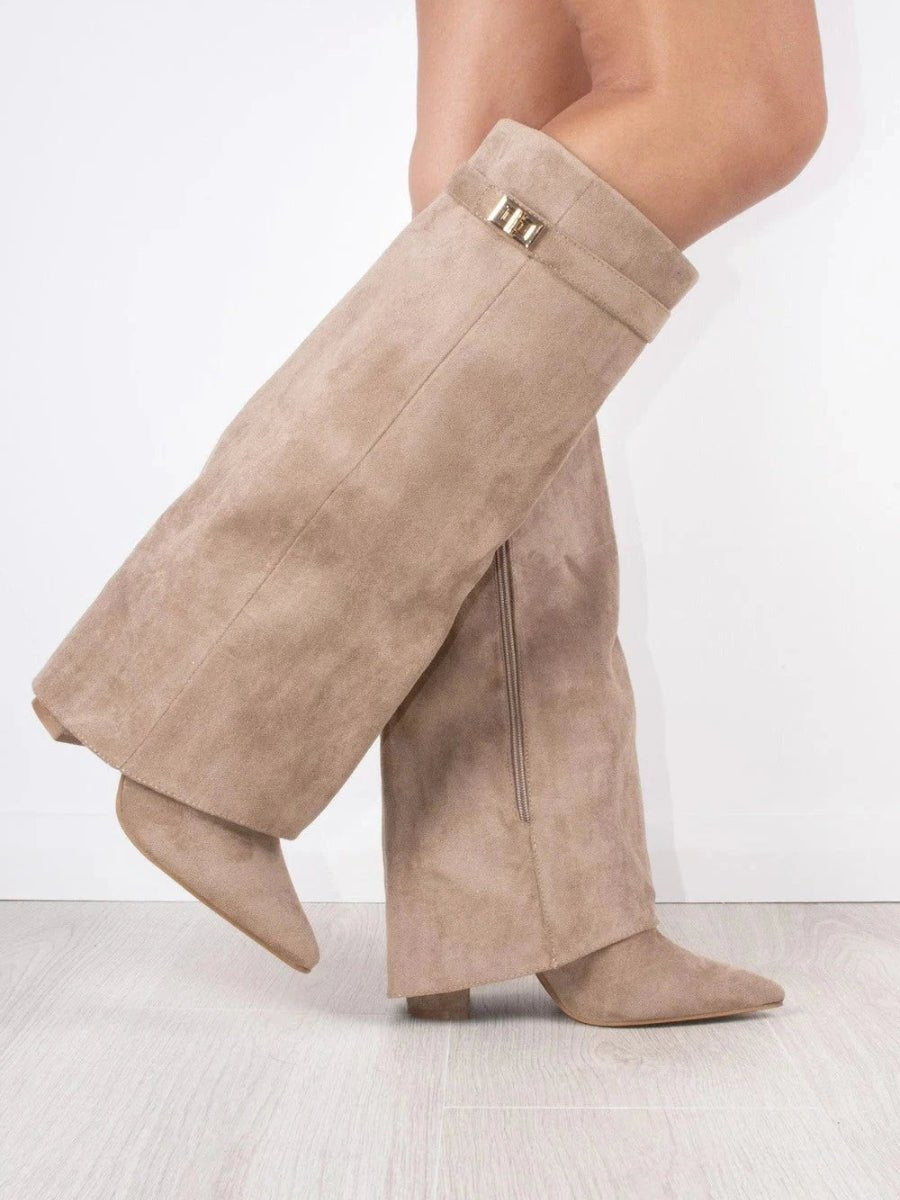 Damen Wildlederstiefel Kniehoch Umschlagschaft Blockabsatz Stiefel