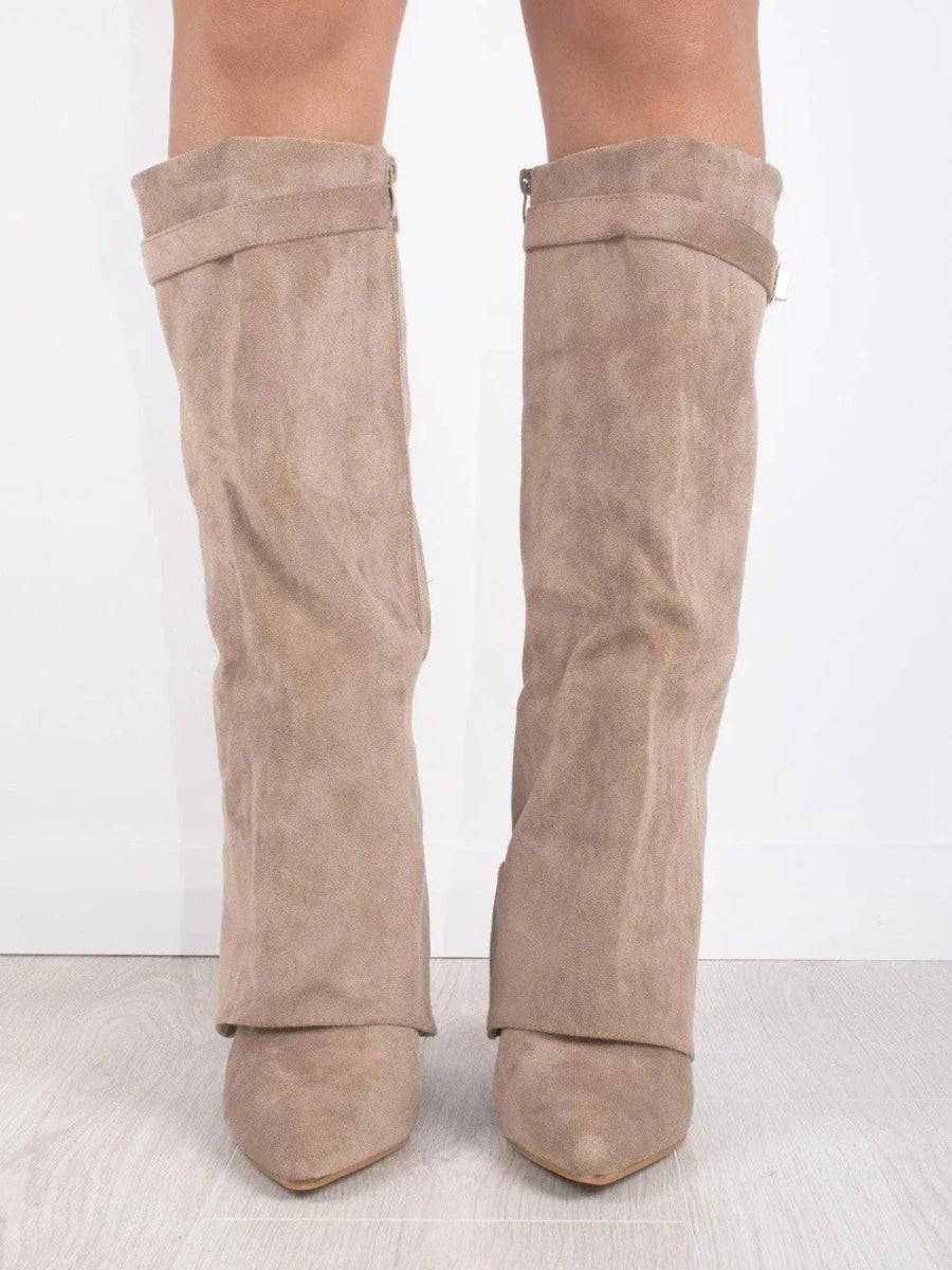 Damen Wildlederstiefel Kniehoch Umschlagschaft Blockabsatz Stiefel