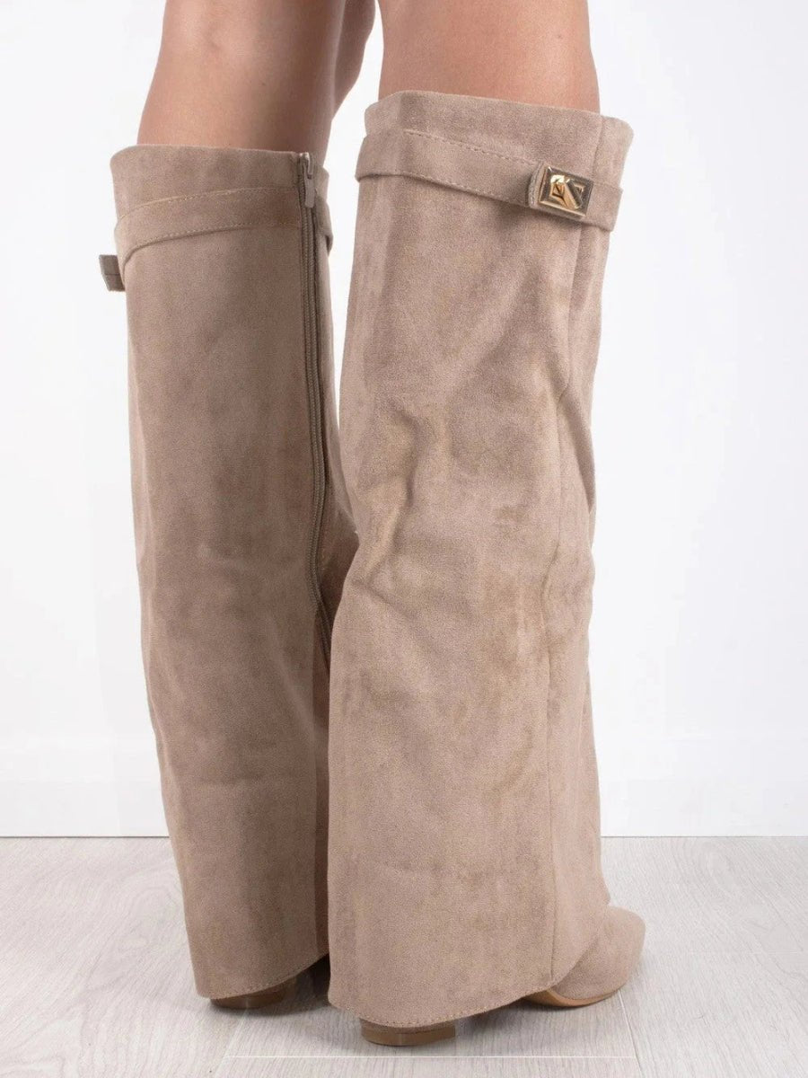 Damen Wildlederstiefel Kniehoch Umschlagschaft Blockabsatz Stiefel