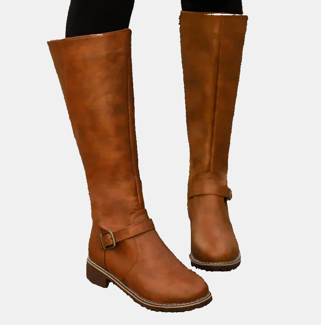 Damen Boots Reitstiefel Kniehoch Schnallen Blockabsatz Stiefel