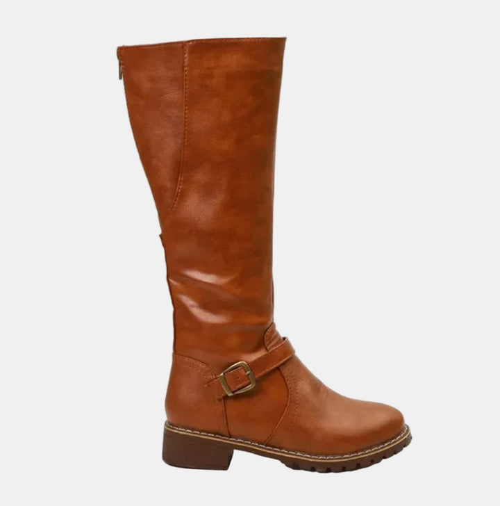 Damen Boots Reitstiefel Kniehoch Schnallen Blockabsatz Stiefel