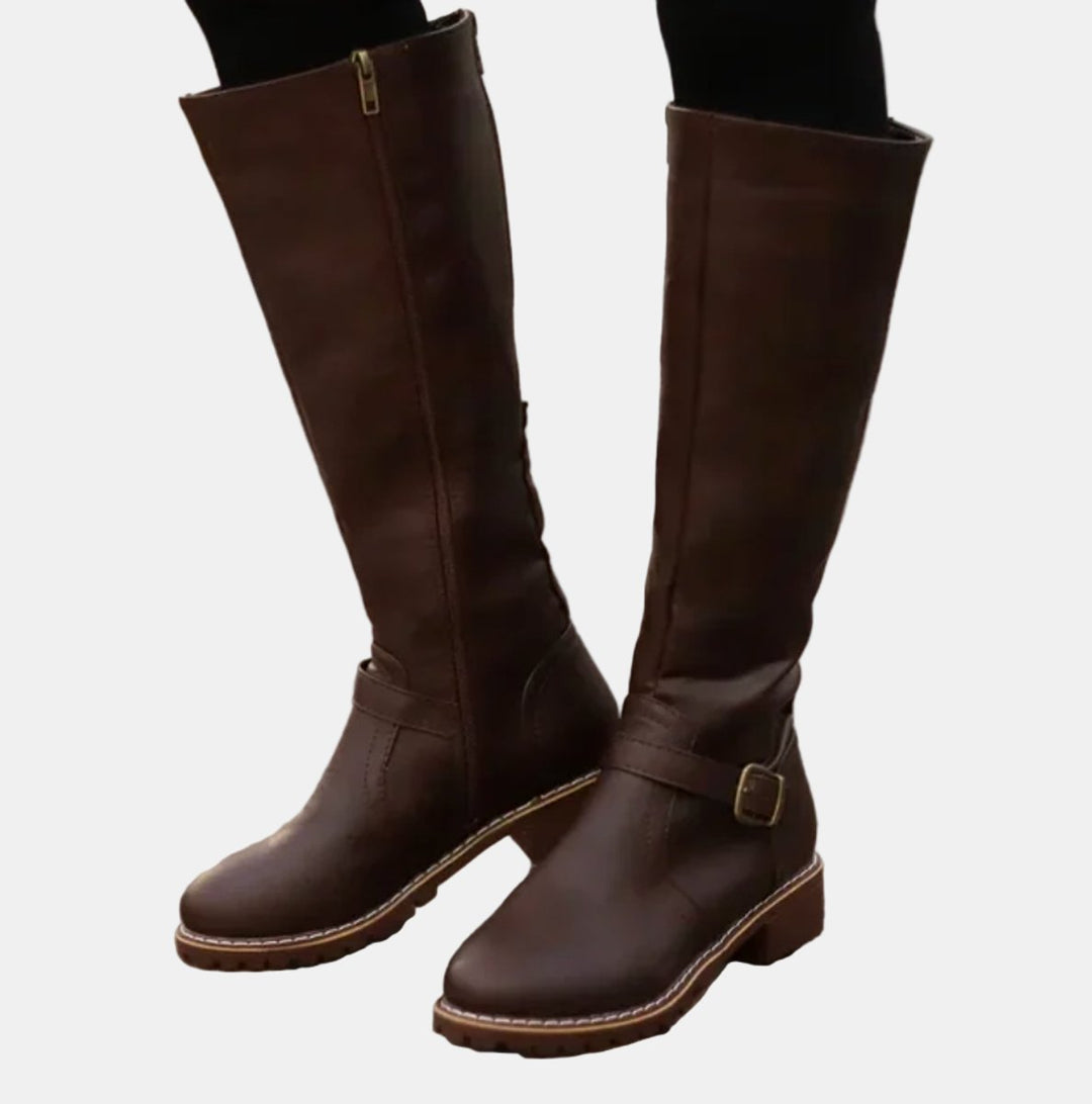 Damen Boots Reitstiefel Kniehoch Schnallen Blockabsatz Stiefel