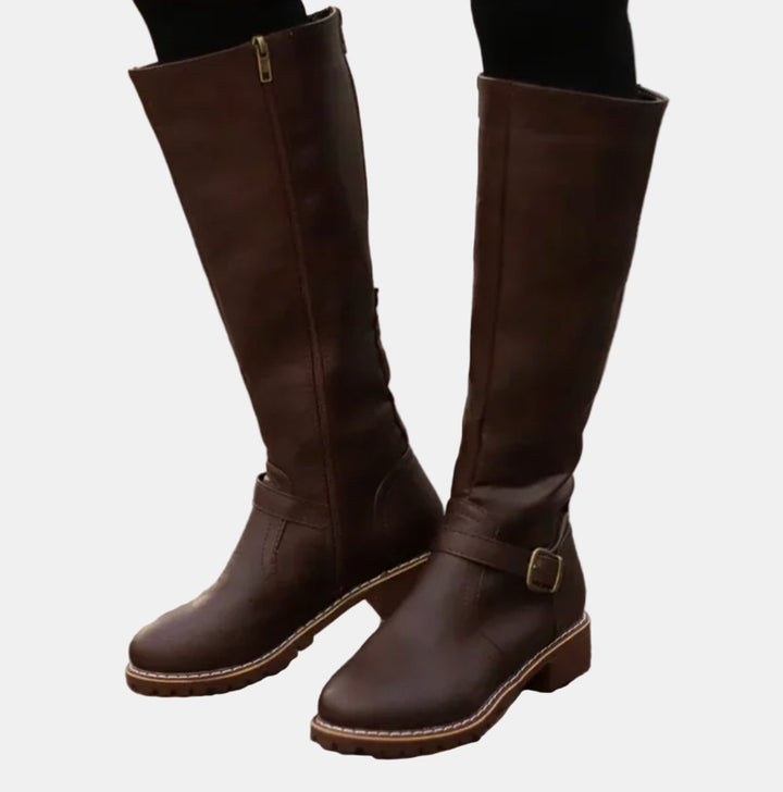 Damen Boots Reitstiefel Kniehoch Schnallen Blockabsatz Stiefel