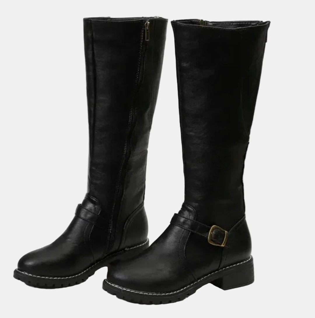 Damen Boots Reitstiefel Kniehoch Schnallen Blockabsatz Stiefel