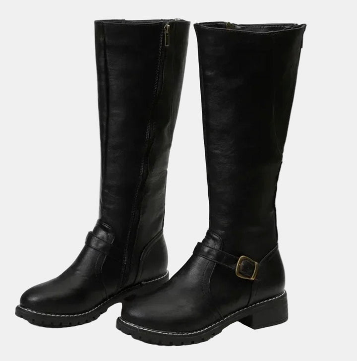 Damen Boots Reitstiefel Kniehoch Schnallen Blockabsatz Stiefel