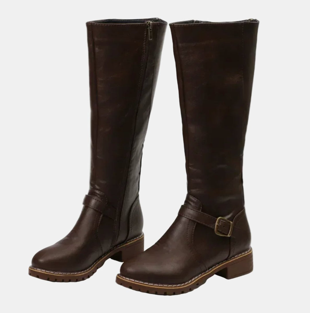 Damen Boots Reitstiefel Kniehoch Schnallen Blockabsatz Stiefel