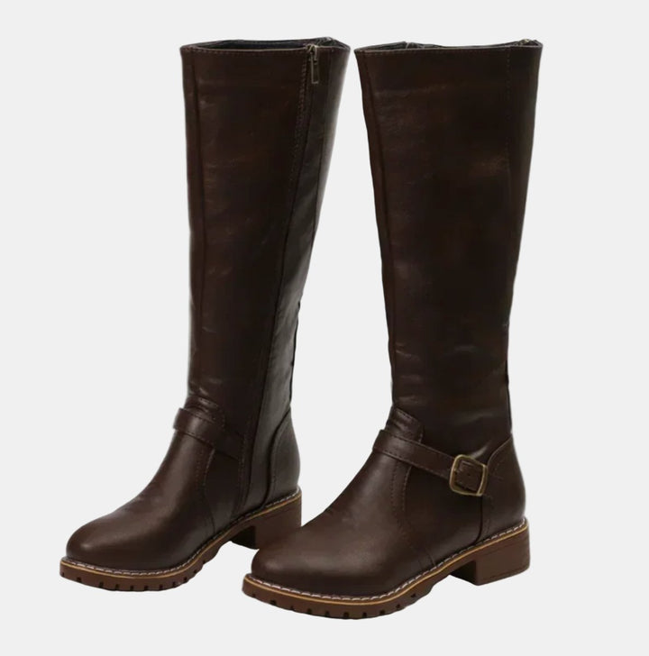 Damen Boots Reitstiefel Kniehoch Schnallen Blockabsatz Stiefel