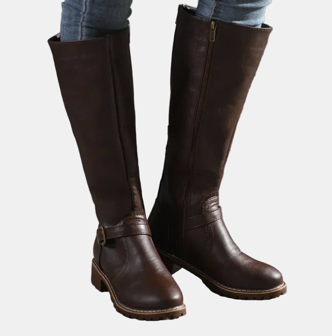 Damen Boots Reitstiefel Kniehoch Schnallen Blockabsatz Stiefel