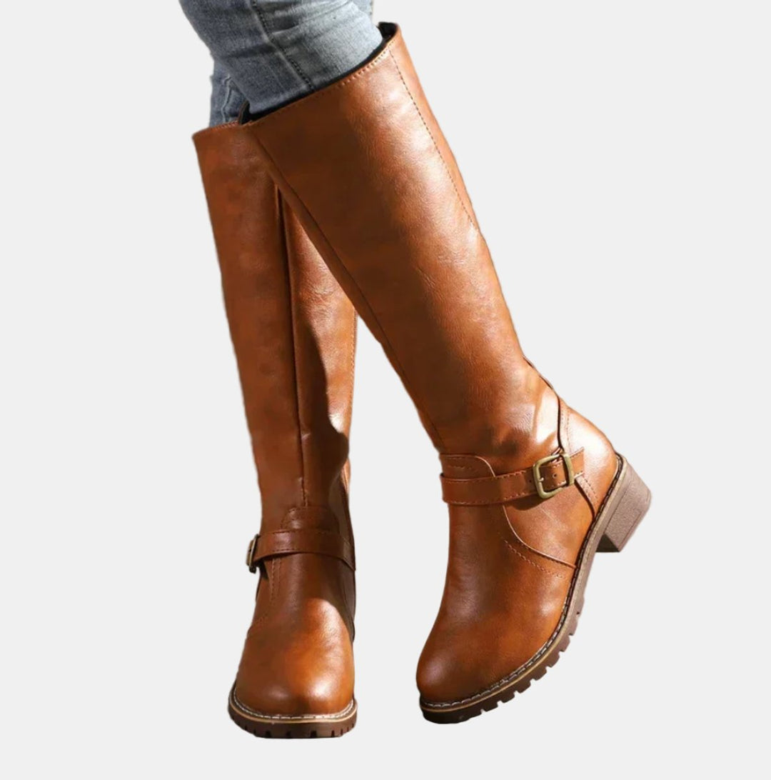 Damen Boots Reitstiefel Kniehoch Schnallen Blockabsatz Stiefel