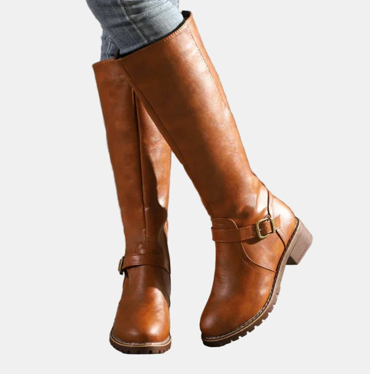 Damen Boots Reitstiefel Kniehoch Schnallen Blockabsatz Stiefel