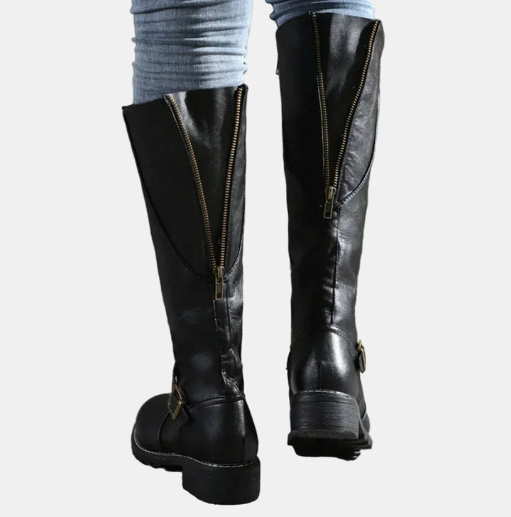 Damen Boots Reitstiefel Kniehoch Schnallen Blockabsatz Stiefel