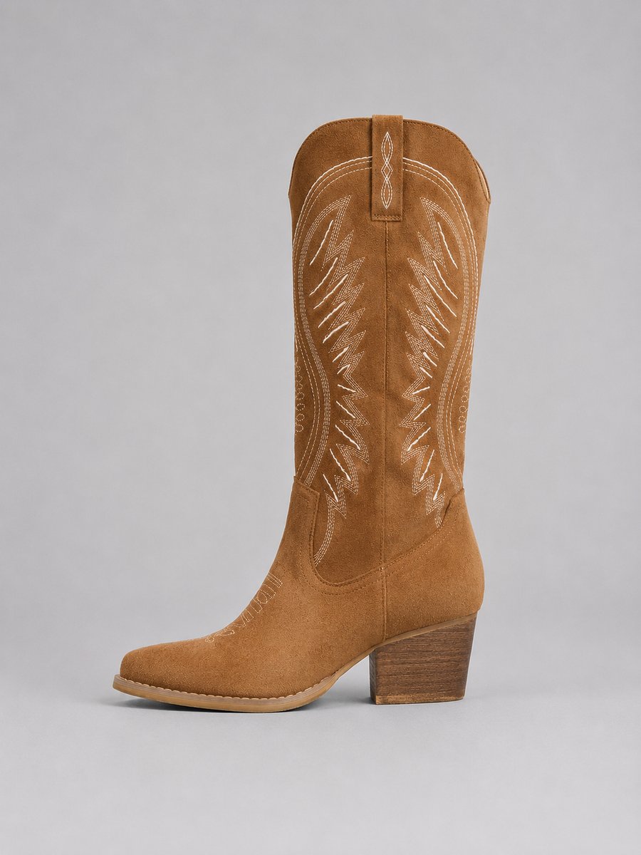 Damen Stiefel Blockabsatz Bestickte Westernstiefeletten