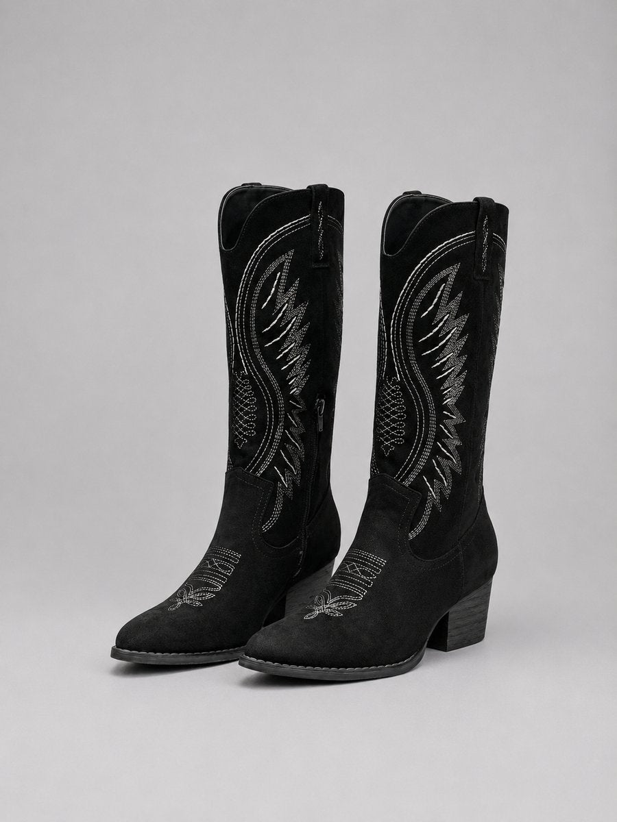 Damen Stiefel Blockabsatz Bestickte Westernstiefeletten