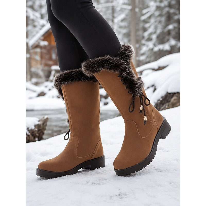 Damen Winterstiefel Kniehoch Kunstfell Blockabsatz Winterschuhe